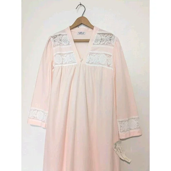 Vintage Nos M GILEAD Soft PINK Brushed Long Nightgown Lace S